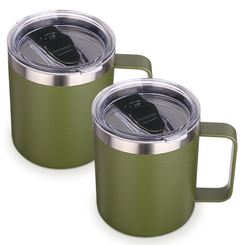 Volhoply 14oz Insulated Stainless Steel Coffee Mug with Lid Bulk 2 Pack Double Wall Vacuum Travel Coffee Cup with Handle Reusable Cups Tumbler Camping Mugs Keep Hot Ideal Gifts(Army Green 2) - Image 1